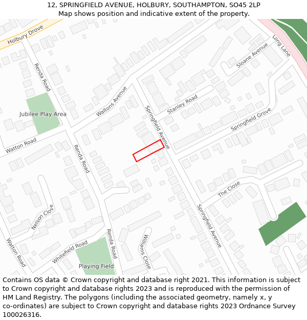 12, SPRINGFIELD AVENUE, HOLBURY, SOUTHAMPTON, SO45 2LP: Location map and indicative extent of plot