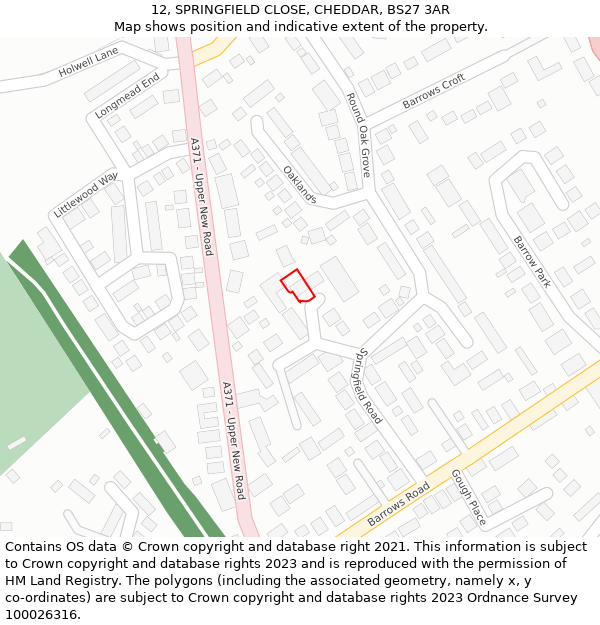 12, SPRINGFIELD CLOSE, CHEDDAR, BS27 3AR: Location map and indicative extent of plot