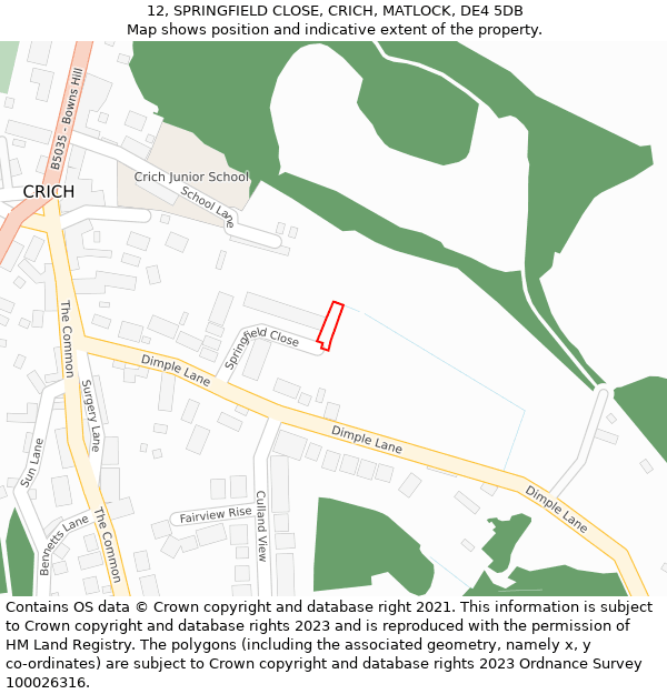 12, SPRINGFIELD CLOSE, CRICH, MATLOCK, DE4 5DB: Location map and indicative extent of plot