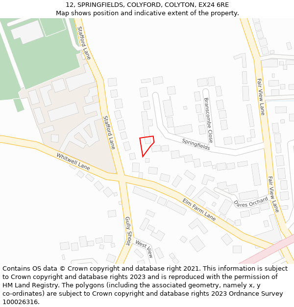 12, SPRINGFIELDS, COLYFORD, COLYTON, EX24 6RE: Location map and indicative extent of plot