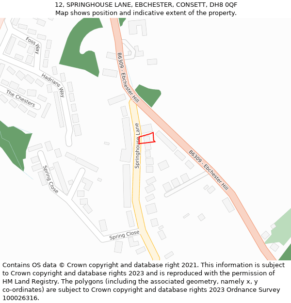 12, SPRINGHOUSE LANE, EBCHESTER, CONSETT, DH8 0QF: Location map and indicative extent of plot