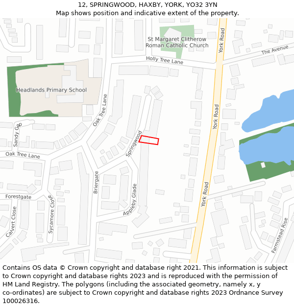 12, SPRINGWOOD, HAXBY, YORK, YO32 3YN: Location map and indicative extent of plot