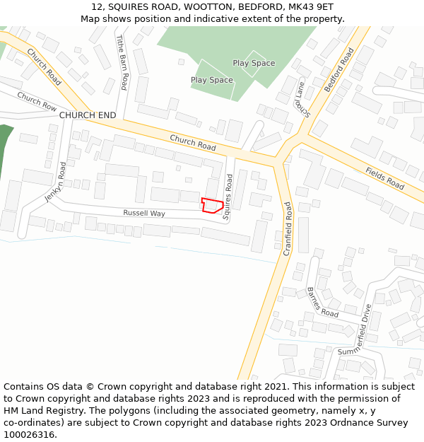 12, SQUIRES ROAD, WOOTTON, BEDFORD, MK43 9ET: Location map and indicative extent of plot