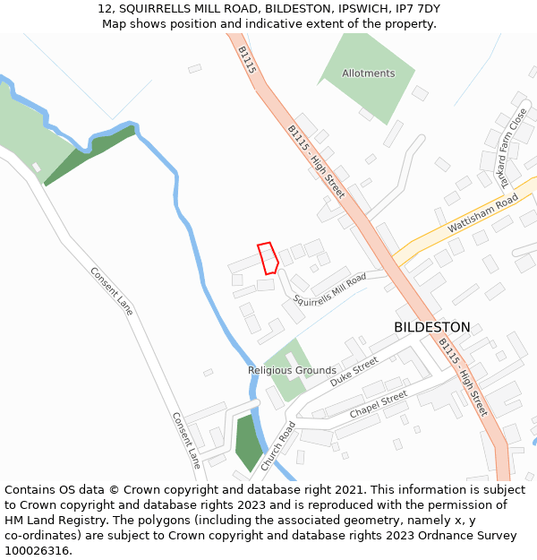 12, SQUIRRELLS MILL ROAD, BILDESTON, IPSWICH, IP7 7DY: Location map and indicative extent of plot