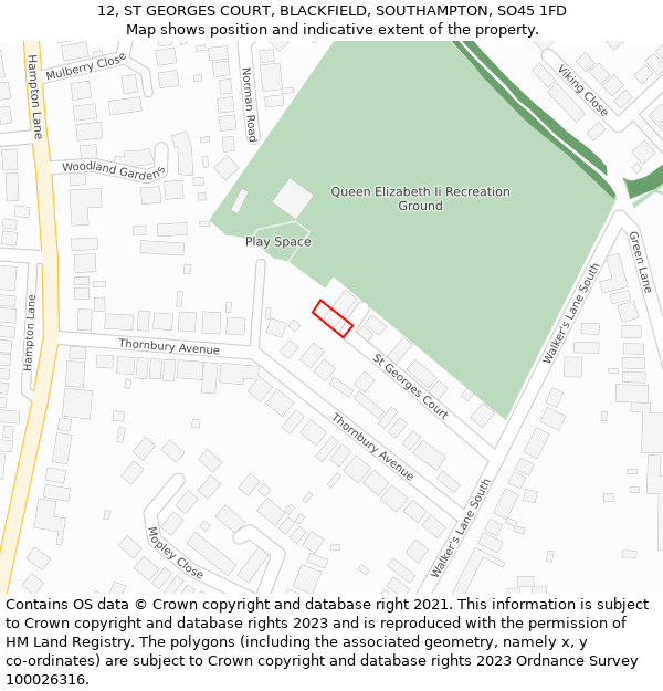 12, ST GEORGES COURT, BLACKFIELD, SOUTHAMPTON, SO45 1FD: Location map and indicative extent of plot