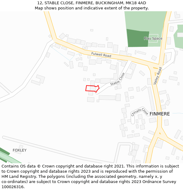 12, STABLE CLOSE, FINMERE, BUCKINGHAM, MK18 4AD: Location map and indicative extent of plot