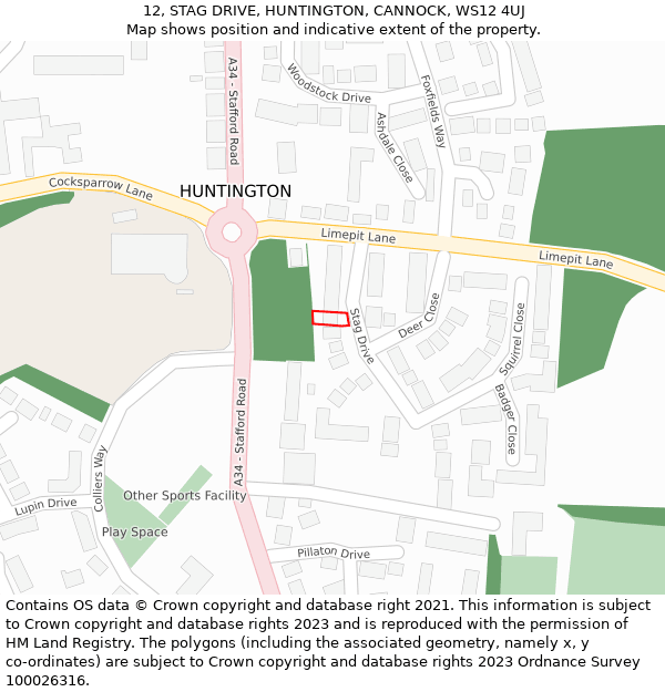 12, STAG DRIVE, HUNTINGTON, CANNOCK, WS12 4UJ: Location map and indicative extent of plot