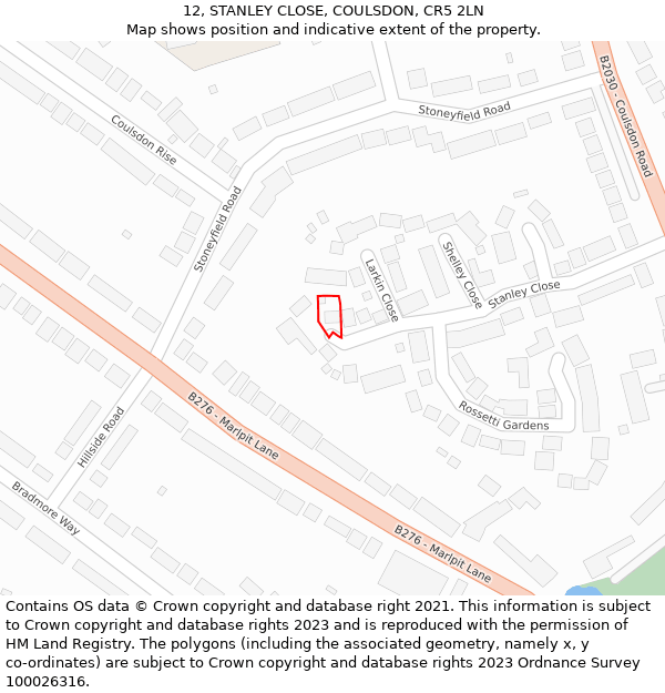 12, STANLEY CLOSE, COULSDON, CR5 2LN: Location map and indicative extent of plot