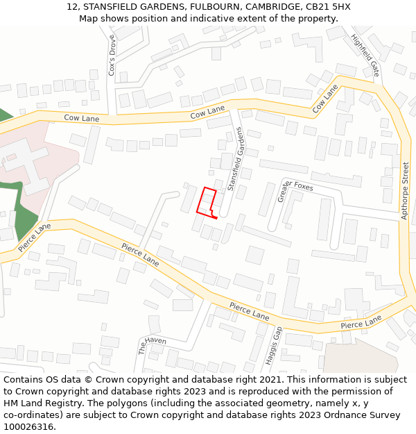 12, STANSFIELD GARDENS, FULBOURN, CAMBRIDGE, CB21 5HX: Location map and indicative extent of plot