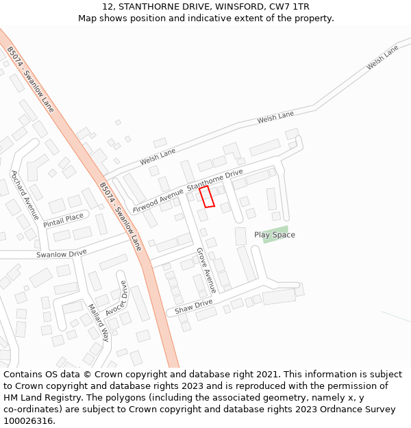 12, STANTHORNE DRIVE, WINSFORD, CW7 1TR: Location map and indicative extent of plot