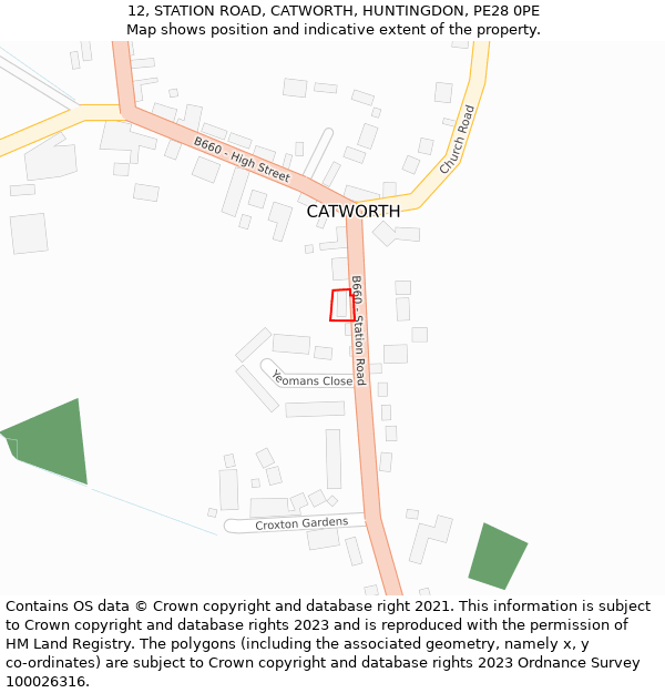 12, STATION ROAD, CATWORTH, HUNTINGDON, PE28 0PE: Location map and indicative extent of plot