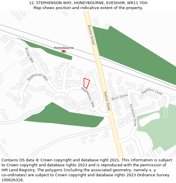 12, STEPHENSON WAY, HONEYBOURNE, EVESHAM, WR11 7GH: Location map and indicative extent of plot