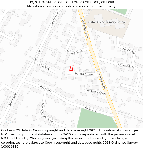 12, STERNDALE CLOSE, GIRTON, CAMBRIDGE, CB3 0PR: Location map and indicative extent of plot