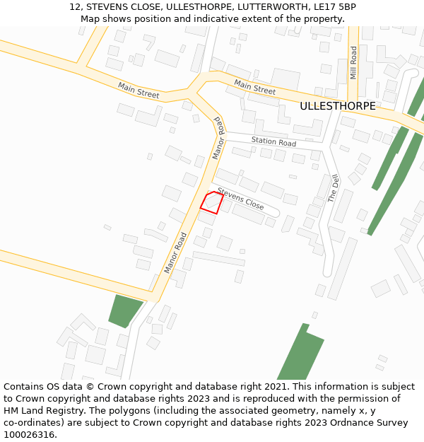 12, STEVENS CLOSE, ULLESTHORPE, LUTTERWORTH, LE17 5BP: Location map and indicative extent of plot