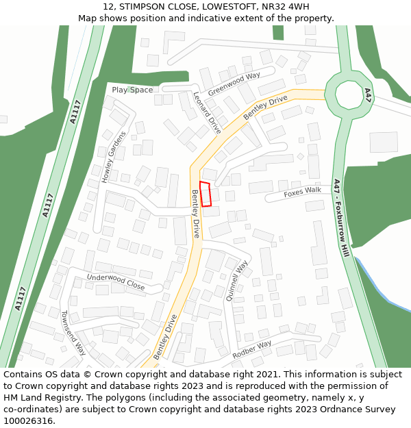 12, STIMPSON CLOSE, LOWESTOFT, NR32 4WH: Location map and indicative extent of plot