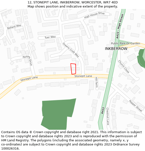 12, STONEPIT LANE, INKBERROW, WORCESTER, WR7 4ED: Location map and indicative extent of plot