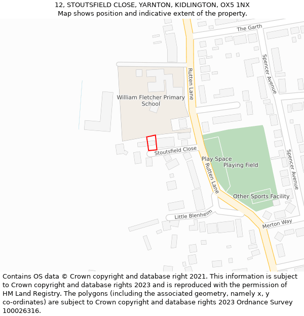 12, STOUTSFIELD CLOSE, YARNTON, KIDLINGTON, OX5 1NX: Location map and indicative extent of plot