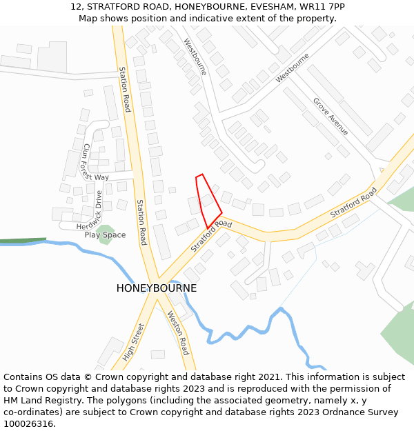 12, STRATFORD ROAD, HONEYBOURNE, EVESHAM, WR11 7PP: Location map and indicative extent of plot