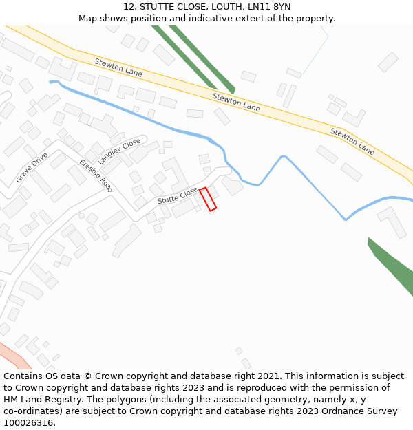 12, STUTTE CLOSE, LOUTH, LN11 8YN: Location map and indicative extent of plot