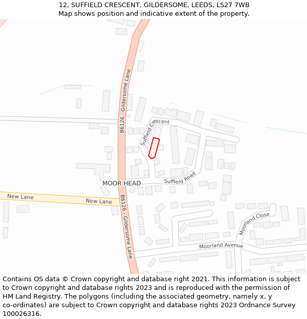 12, SUFFIELD CRESCENT, GILDERSOME, LEEDS, LS27 7WB: Location map and indicative extent of plot