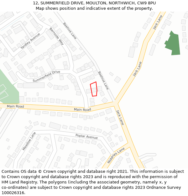 12, SUMMERFIELD DRIVE, MOULTON, NORTHWICH, CW9 8PU: Location map and indicative extent of plot