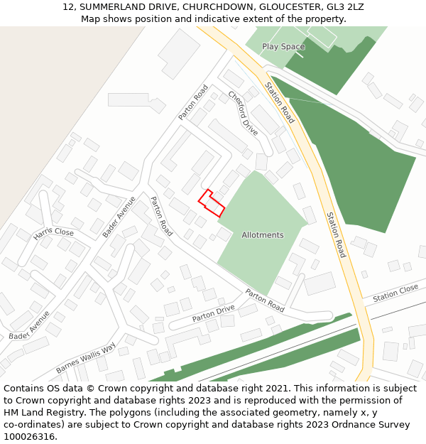 12, SUMMERLAND DRIVE, CHURCHDOWN, GLOUCESTER, GL3 2LZ: Location map and indicative extent of plot