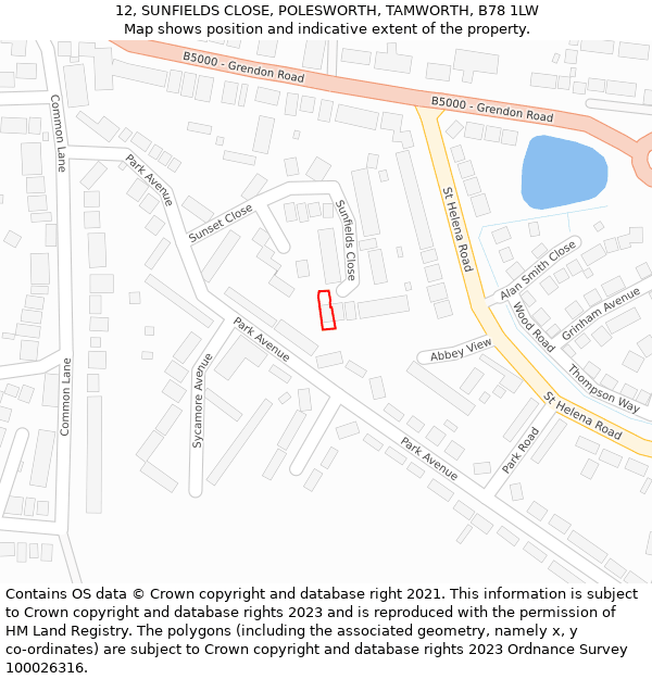 12, SUNFIELDS CLOSE, POLESWORTH, TAMWORTH, B78 1LW: Location map and indicative extent of plot