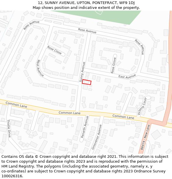 12, SUNNY AVENUE, UPTON, PONTEFRACT, WF9 1DJ: Location map and indicative extent of plot