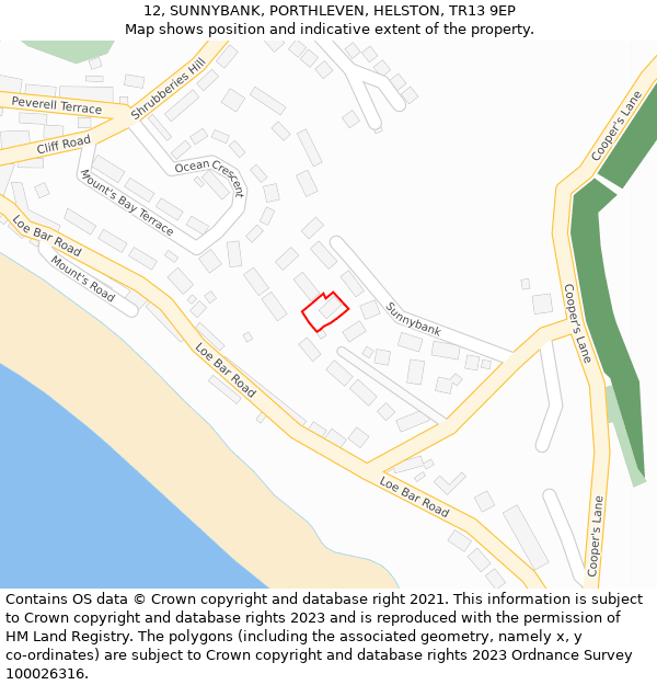 12, SUNNYBANK, PORTHLEVEN, HELSTON, TR13 9EP: Location map and indicative extent of plot