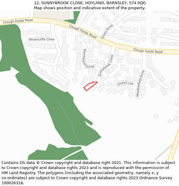 12, SUNNYBROOK CLOSE, HOYLAND, BARNSLEY, S74 0QG: Location map and indicative extent of plot
