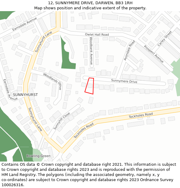 12, SUNNYMERE DRIVE, DARWEN, BB3 1RH: Location map and indicative extent of plot