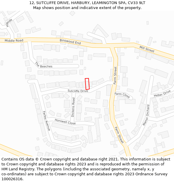 12, SUTCLIFFE DRIVE, HARBURY, LEAMINGTON SPA, CV33 9LT: Location map and indicative extent of plot