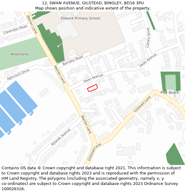 12, SWAN AVENUE, GILSTEAD, BINGLEY, BD16 3PU: Location map and indicative extent of plot