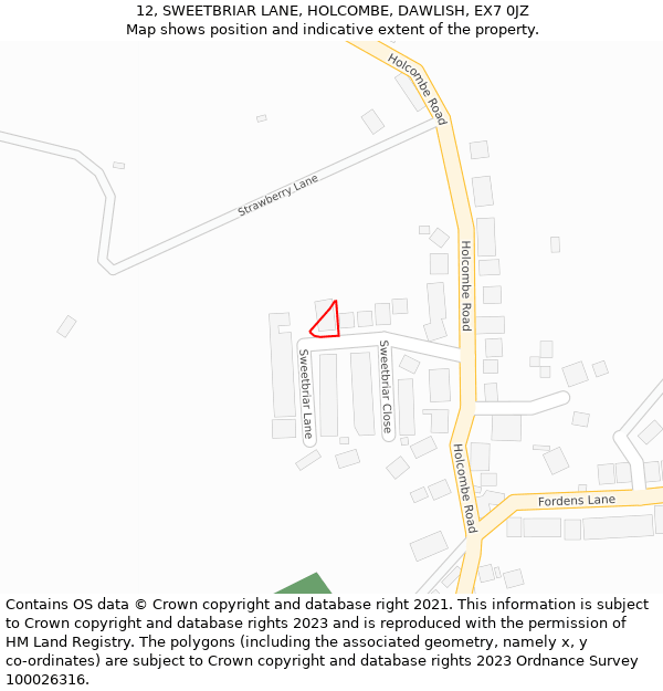 12, SWEETBRIAR LANE, HOLCOMBE, DAWLISH, EX7 0JZ: Location map and indicative extent of plot