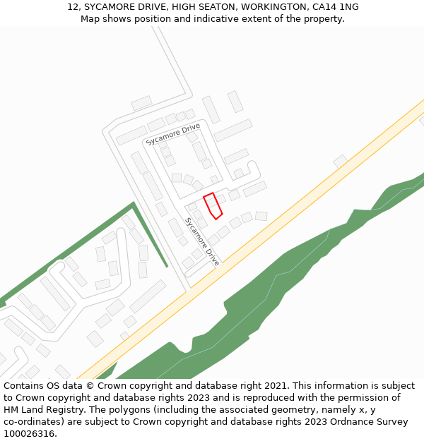 12, SYCAMORE DRIVE, HIGH SEATON, WORKINGTON, CA14 1NG: Location map and indicative extent of plot
