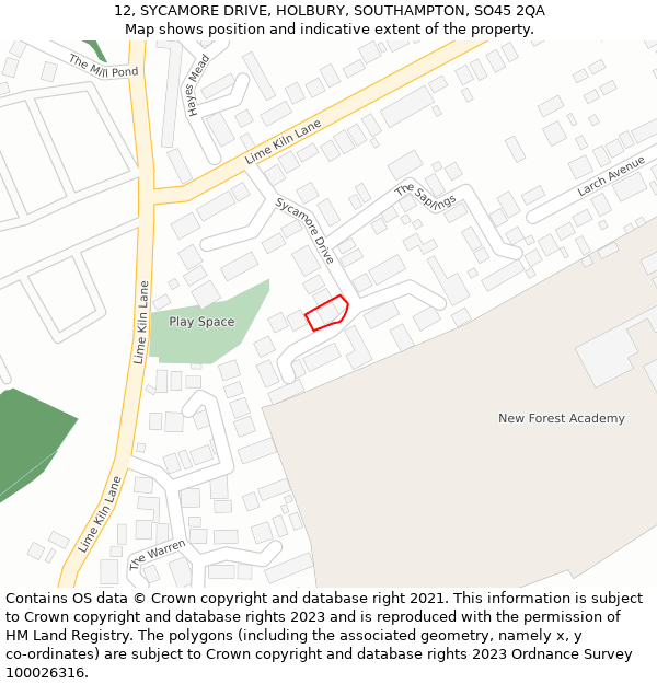 12, SYCAMORE DRIVE, HOLBURY, SOUTHAMPTON, SO45 2QA: Location map and indicative extent of plot