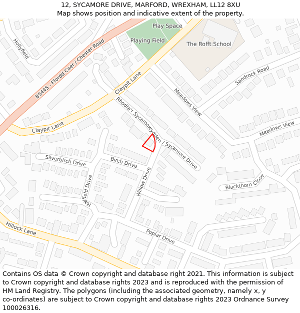 12, SYCAMORE DRIVE, MARFORD, WREXHAM, LL12 8XU: Location map and indicative extent of plot