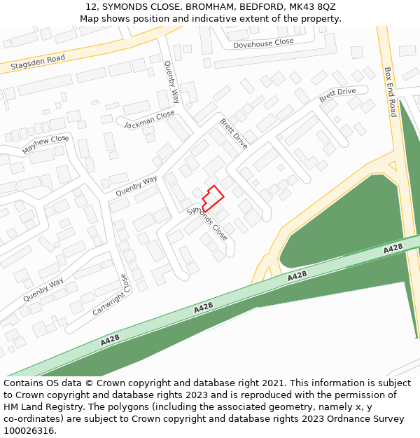 12, SYMONDS CLOSE, BROMHAM, BEDFORD, MK43 8QZ: Location map and indicative extent of plot