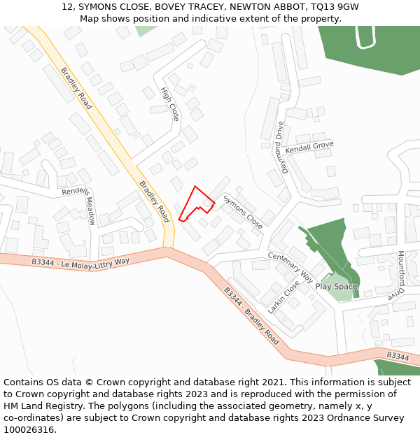 12, SYMONS CLOSE, BOVEY TRACEY, NEWTON ABBOT, TQ13 9GW: Location map and indicative extent of plot