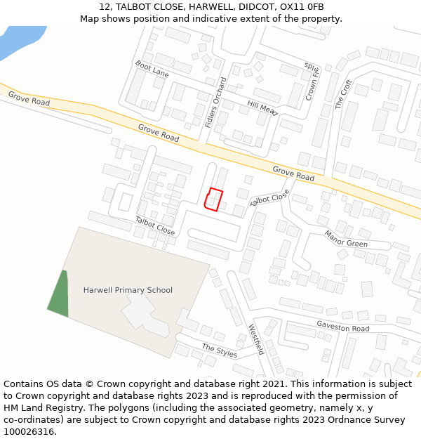 12, TALBOT CLOSE, HARWELL, DIDCOT, OX11 0FB: Location map and indicative extent of plot