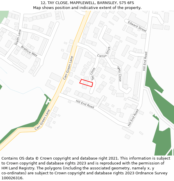 12, TAY CLOSE, MAPPLEWELL, BARNSLEY, S75 6FS: Location map and indicative extent of plot