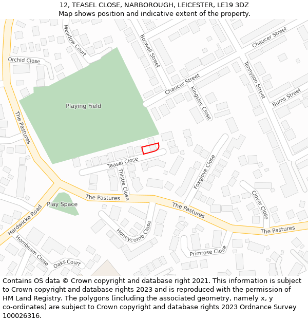 12, TEASEL CLOSE, NARBOROUGH, LEICESTER, LE19 3DZ: Location map and indicative extent of plot