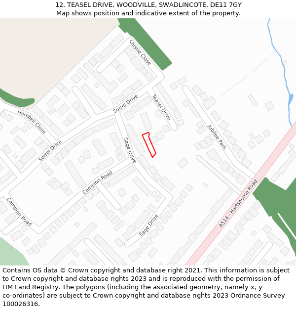 12, TEASEL DRIVE, WOODVILLE, SWADLINCOTE, DE11 7GY: Location map and indicative extent of plot