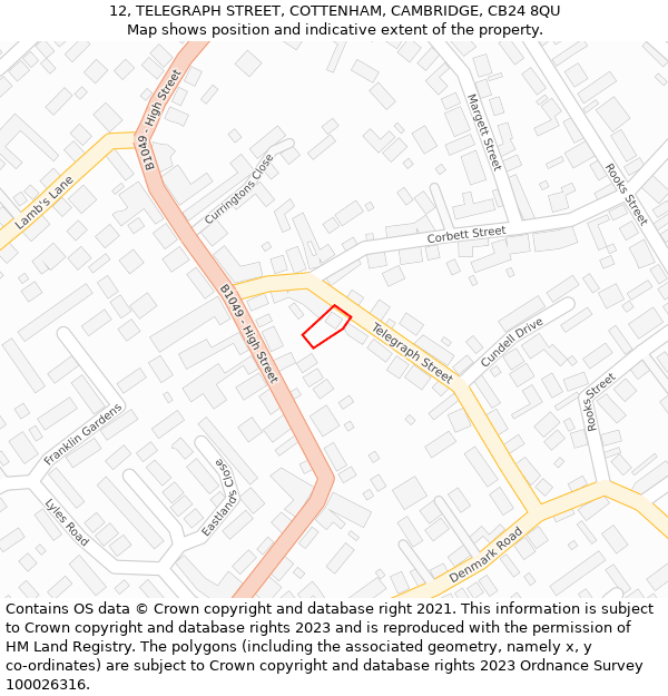 12, TELEGRAPH STREET, COTTENHAM, CAMBRIDGE, CB24 8QU: Location map and indicative extent of plot