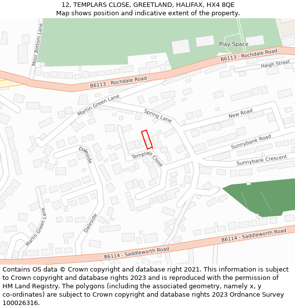 12, TEMPLARS CLOSE, GREETLAND, HALIFAX, HX4 8QE: Location map and indicative extent of plot