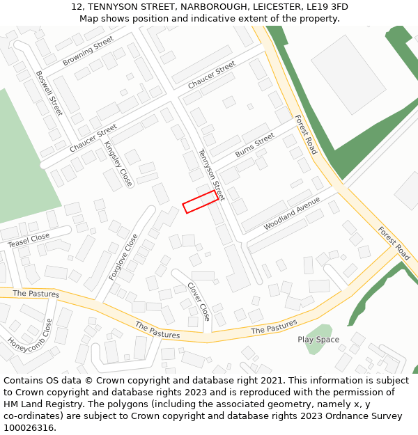 12, TENNYSON STREET, NARBOROUGH, LEICESTER, LE19 3FD: Location map and indicative extent of plot