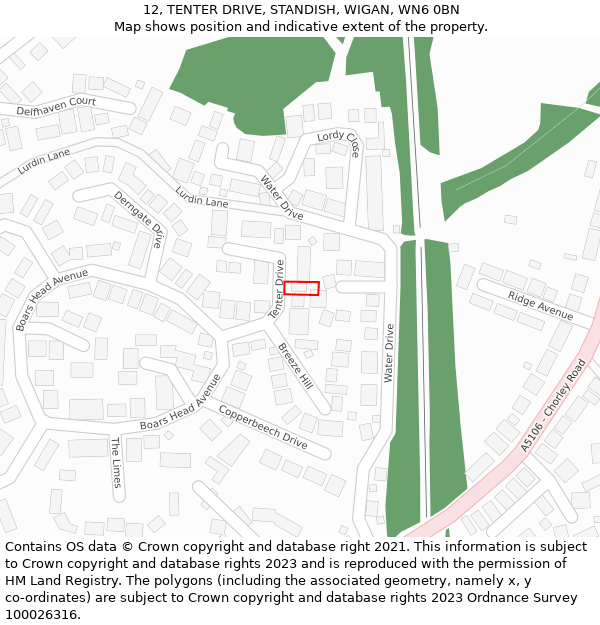 12, TENTER DRIVE, STANDISH, WIGAN, WN6 0BN: Location map and indicative extent of plot