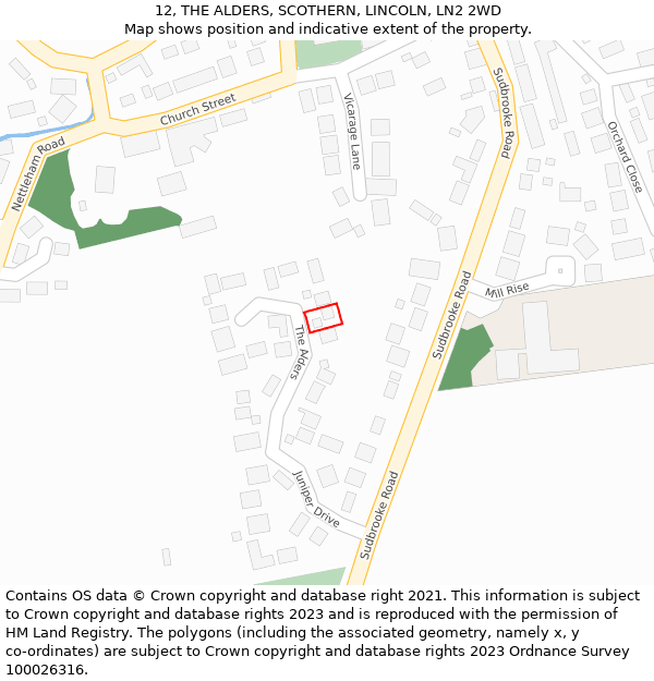 12, THE ALDERS, SCOTHERN, LINCOLN, LN2 2WD: Location map and indicative extent of plot