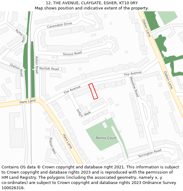 12, THE AVENUE, CLAYGATE, ESHER, KT10 0RY: Location map and indicative extent of plot