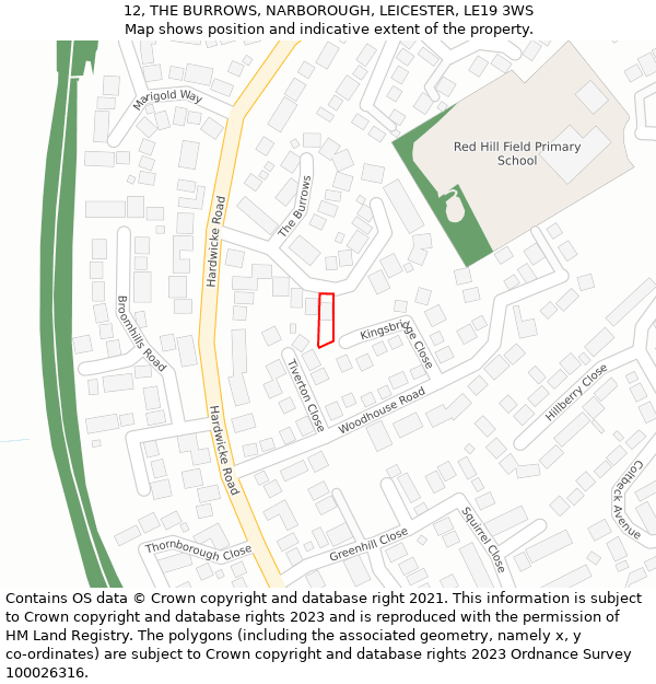 12, THE BURROWS, NARBOROUGH, LEICESTER, LE19 3WS: Location map and indicative extent of plot